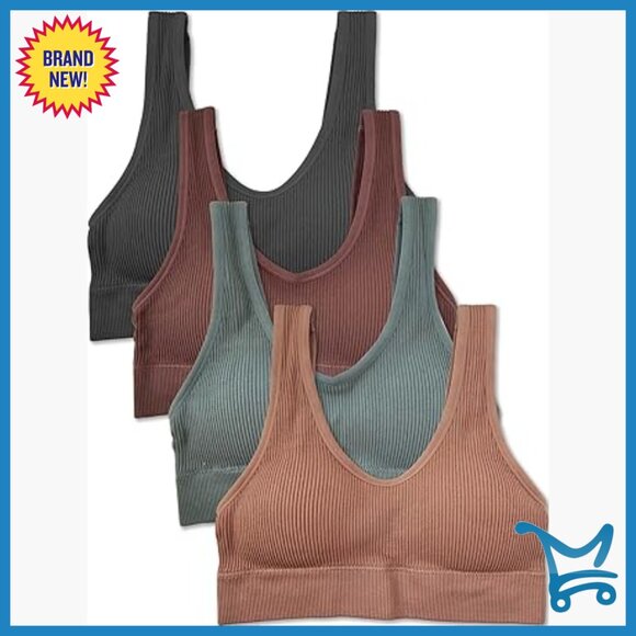 4-Pack Ribbed Bralette Crop Top Sports Bra Medium Support Pullover